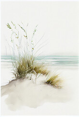 Watercolor depicting coastal dunes, beach Grass, sand, driftwood, calm ocean - generative ai