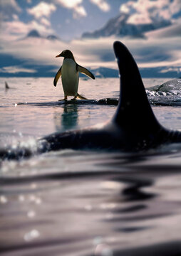 Gentoo penguin and killer whale.