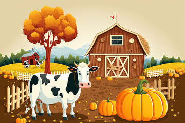 Farm scene with a cow staring at a wooden barn, a field being plowed by a tractor, hay, ripe pumpkins, and fruit trees in the garden. Rural farming and agriculture, village environment, illustr