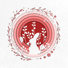 spring illustration with a rabbit in the style of paper cut, Easter background.