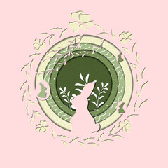 spring illustration with a rabbit in the style of paper cut, Easter background.