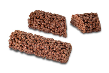 Snack bars with chocolate cereal, one whole and one cut up isolated on white, clipping path