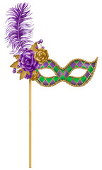 Mardi Gras mask with rhombus, rose and feather on Stick
