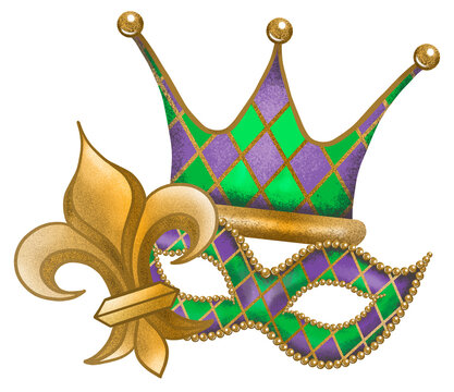 Mardi Gras with a mask Fluer de lis and a crown