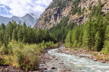 Fototapeta na wymiar Water stream along rocky rapids in gorge between Italian Alps partly with snow-covered peaks, Gran Paradiso National Park, Aosta Valley, Italy