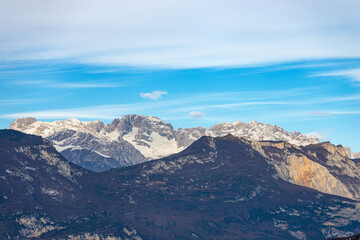 Mountain range of Brenta Dolomites (Dolomiti di Brenta, Adamello Brenta National Park) view from the Baldo Mountain (Monte Baldo), Nago-Torbole, Trento province, Trentino Alto Adige, Italy, Europe.
