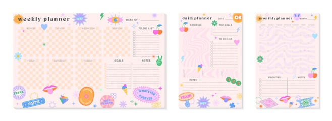 Vector daily,weekly,monthly planners templates with y2k patches,icons and emblems.Organizer and schedule with place for notes; goals and to do list.Trendy layouts in 90s groovy aesthetic.