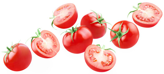 Flying delicious tomatoes, isolated on white background