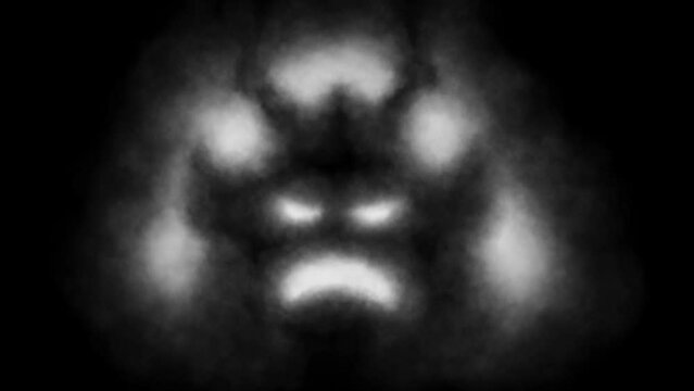 Scary 2D animation of samurai demon ghost face. Creepy horned monster face. Dark theme movie. Horror fantasy video clips and VJ loops for Halloween. Abstract motion graphics. Grunge, flicker, dirty.