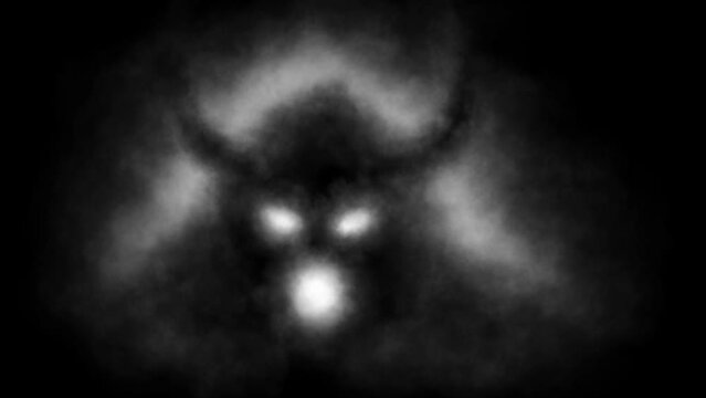 Scary 2D animation of samurai demon ghost face. Creepy ancient horned helmet. Evil monster head. Dark theme movie. Horror fantasy video clips and VJ loops for Halloween. Abstract motion graphics.
