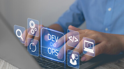 DevOps concept, software development, IT operations. Business man using laptop development with dev...