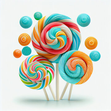 Multi-colored lollipops on a white background. AI generated.