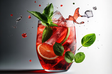 A mint leaf is added to an iced fruit tea or cool watermelon beverage in a transparent glass. a cool summer beverage. Copy space on a gray backdrop. Generative AI © 2ragon