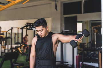 Fototapeta na wymiar A tanned and handsome asian guy doing standing single arm dumbbell side lateral raises at the gym. Wearing a black hooded low cut tank top. Weight training at the gym.