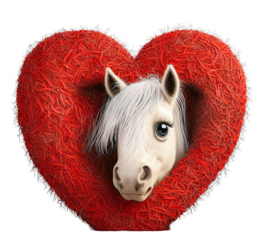 Cute adorable horse in a red valentine heart isolated on a transparant background - generative AI
