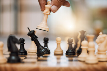 Chess, man and hand with king from board game for winning strategy, tabletop tournament and sports games. Closeup chessboard, checkmate and smart move playing in contest, problem solving or challenge