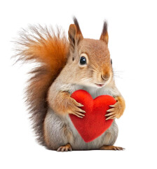Cute adorable squirrel holding a red valentine heart isolated on a transparant background - generative AI - obrazy, fototapety, plakaty
