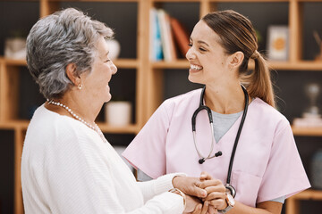 Healthcare, insurance and a senior woman patient and nurse consulting during a checkup in a retirement home. Medical, support and wellness with a medicine professional talking to a mature female