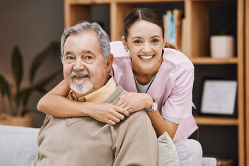 Healthcare, support and nurse with a senior man for medical attention, consulting and nursing from a house. Trust, hug and portrait of a caregiver with support for an elderly patient in retirement