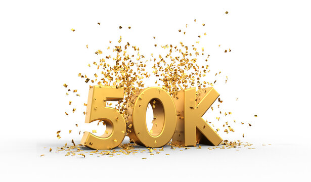 50K thank you illustration with golden text and confettis - transparent background