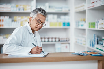 Pharmacy, woman and checklist on clipboard, paperwork and inventory management in wellness store....