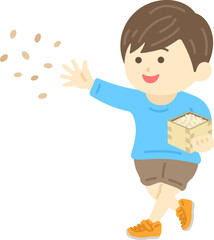 節分で豆まきをする、男の子のイラスト