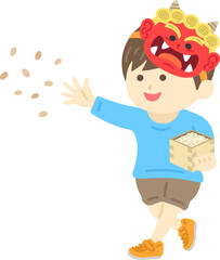 節分で豆まきをする、鬼のお面をかぶった、男の子のイラスト