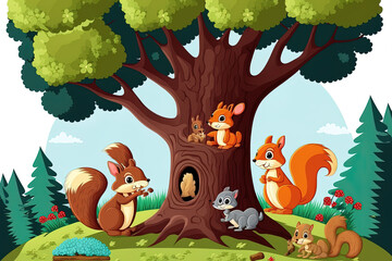 Squirrels on a tree in a scene. Generative AI