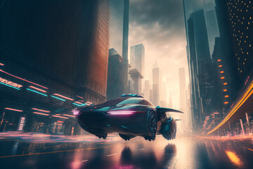  Colorful surreal futuristic flying car in a night city. Generative AI. flying car of the future. The most beautiful flying car.