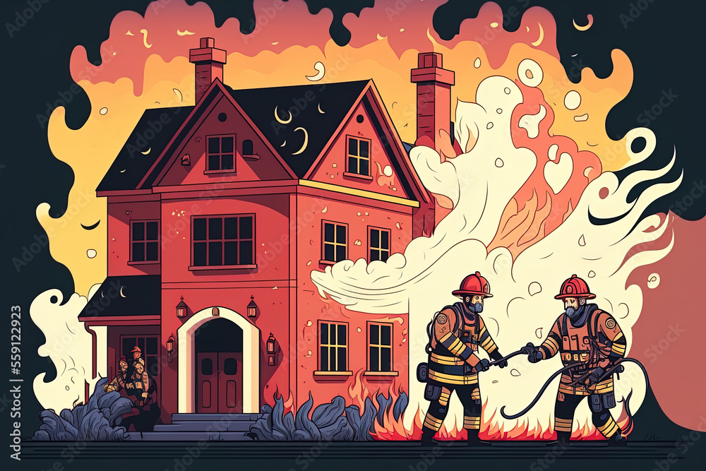 Wall mural A firefighting squad puts out a fire and rescues individuals from a burning building. A firefighter doused the flames with a water hose. emergency fire in a flat format. An illustration of a fi