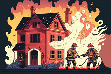 A firefighting squad puts out a fire and rescues individuals from a burning building. A firefighter doused the flames with a water hose. emergency fire in a flat format. An illustration of a fi