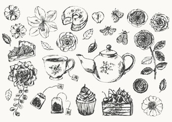 Hand drawn tea party set with tea cup, teapot, cakes, summer flowers