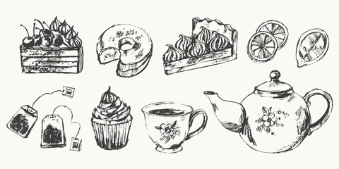 Sweet dessert cake, donut, cupcake, tea cup, teapot.