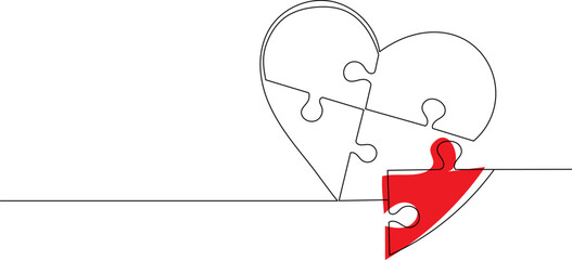 puzzle heart continuous line drawing, vector