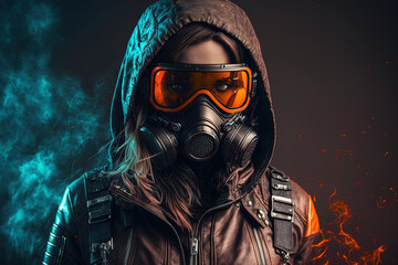 A stylish cyberpunk girl wearing a leather hooded jacket is sporting a gas mask with safety goggles and filters. Generative AI