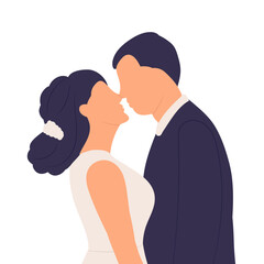 portrait of bride and groom in flat style, isolated
