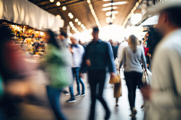 Fototapeta individuals wandering at a market in a blur. Generative AI obraz