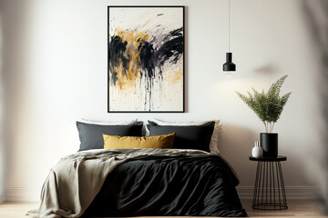An abstract black oil painting with a frame hangs on a pleasant bedroom's beige wall. Generative AI - obrazy, fototapety, plakaty
