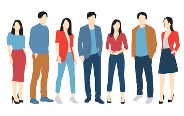 Obraz premium Set of young men and women, different colors, cartoon character, group of silhouettes of standing business people, students, the design concept of flat icon, isolated on white background