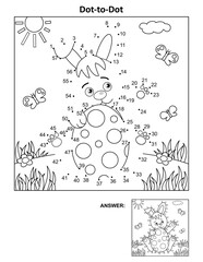 Easter dot-to-dot picture puzzle and coloring page with bunny and painted egg. Answer included.
