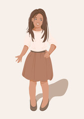Kids fashion illustration. Portrait of cute model girl. Child fashionable clothes. 