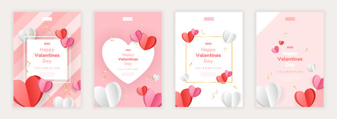 Fototapeta na wymiar Valentine's day concept posters set. Paper cute hearts wirt golden confetti. Hearts on geometric background. Holiday banners, web poster, flyers and brochures, greeting cards, group bright covers