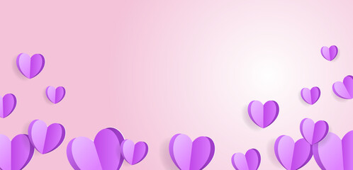 Paper cute elements heart flying on purple background. Happy Valentine's Day. Decorations for Valentine's day design