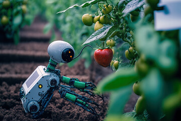Fototapeta synthetic intelligence. Robots are used to pollinate fruits and vegetables. chemical detection spray. analysis of the leaves and oliar fertilization Concept for agricultural technology. Generative AI obraz
