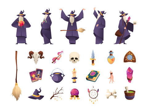 Magician tools. Various old wizards characters cartoon style, mystery sorceress witchcraft with magic occult mystic fantasy elements. Vector set of magician magic illustration
