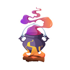 Magic cauldron. Boiling magic potion with smoke and bubbles, cartoon magical witch bonfire with steamy poison. Vector colorful illustration of halloween pot, witchcraft potion