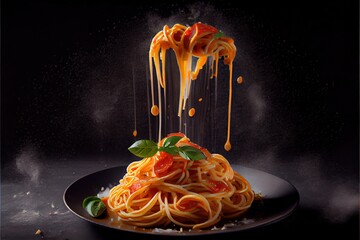 food photography, italian tasty spaghetti with tomato sauce. Ai Generative