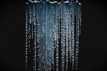 Isolated object of icicles against a dark background. panoramic image. Generative AI