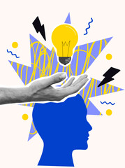 Creative mind or brainstorm or creative idea concept with abstract human head silhouette and hand holding bulb lamp surrounded abstract geometric shapes in bright colors. Vector illustration