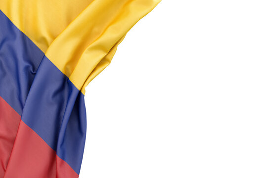 Flag of Columbia in the corner on white background. Isolated. 3D illustration